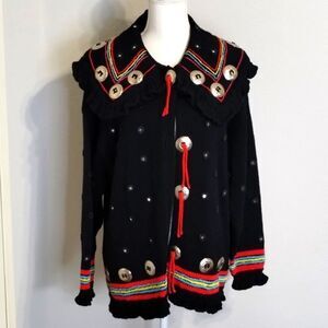 Martha Abraham Cardigan Knit Sweater Embroidered Large Collar